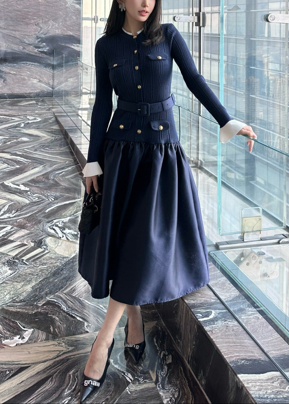 ゴールドボタンフレアワンピース