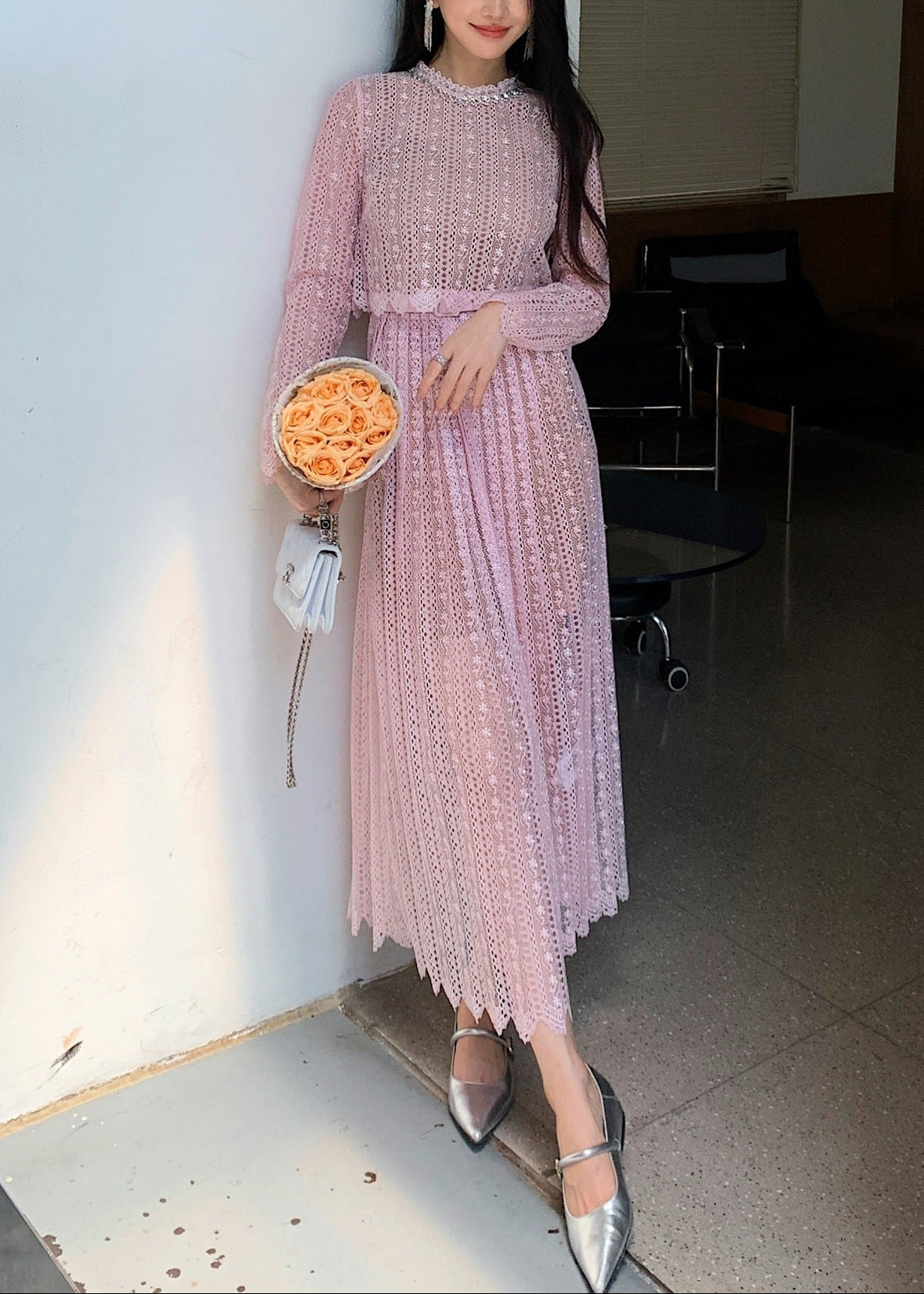 エアリーフラワーレースロングワンピース