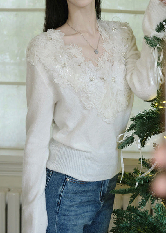フラワーレースVネックニット