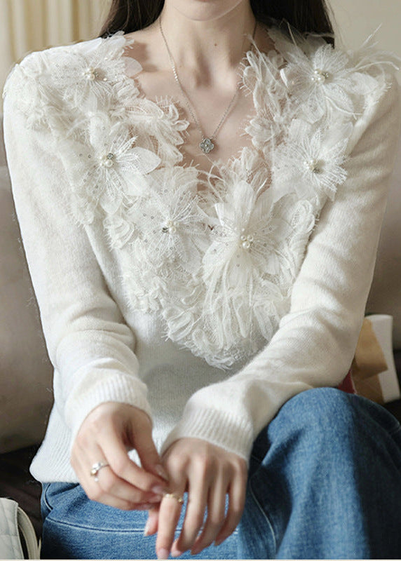 フラワーレースVネックニット