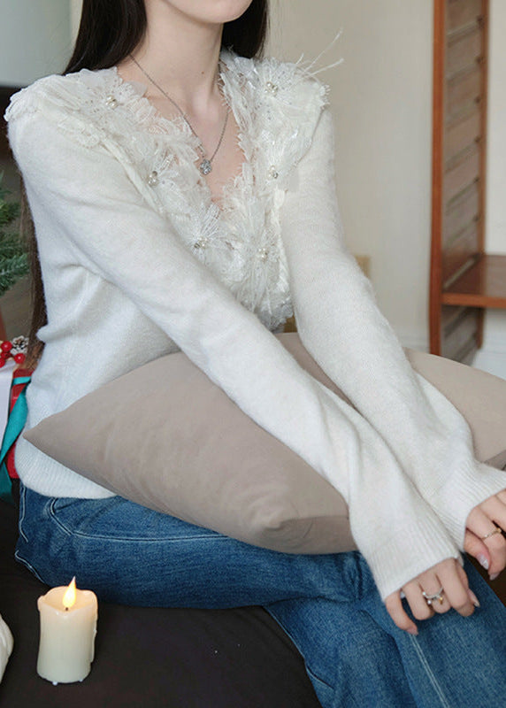 フラワーレースVネックニット